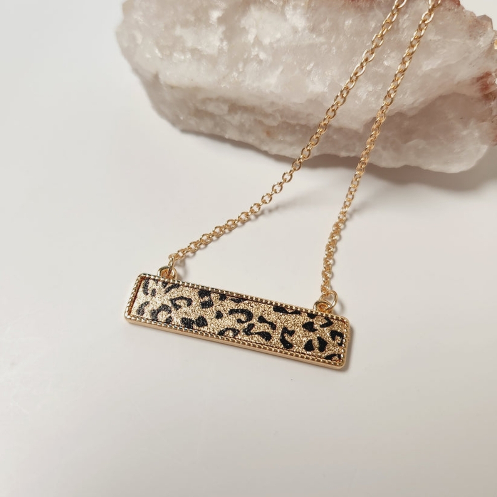 Mini Metal Leopard Print Bar Necklace Modern Gold and Black Layering Jewelry